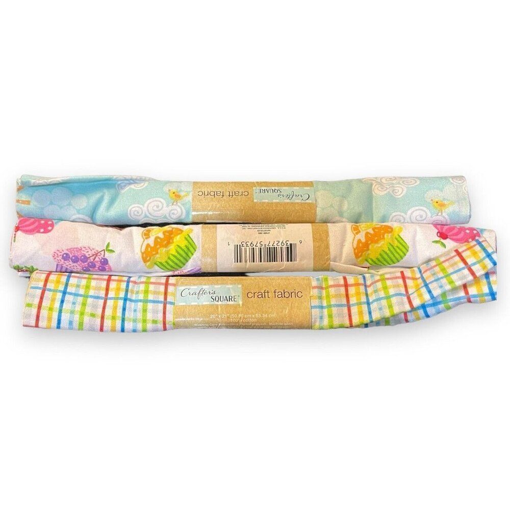 Crafter's Square Mixed Fabric Lot Multicolored Cupcakes Plaid Sunshine Clouds